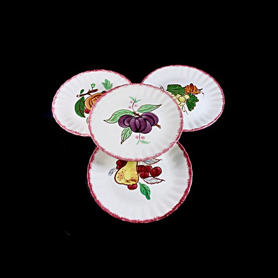 Salad Plates, Blue Ridge Southern Pottery, County Fair Red,  Set of 4, Various Fruits, Colonial Style, Hand Painted, Discontinued