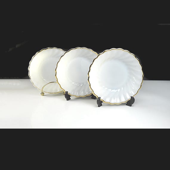 Vintage Anchor Hocking Golden Shell Milk Glass Bowls, Set of 3, Gold Trim