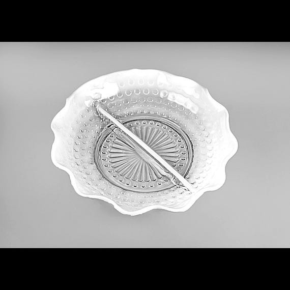 Anchor Hocking Moonstone Opalescent Divided Relish Dish – 7 Inch Crimped Edge Hobnail Glass Bowl