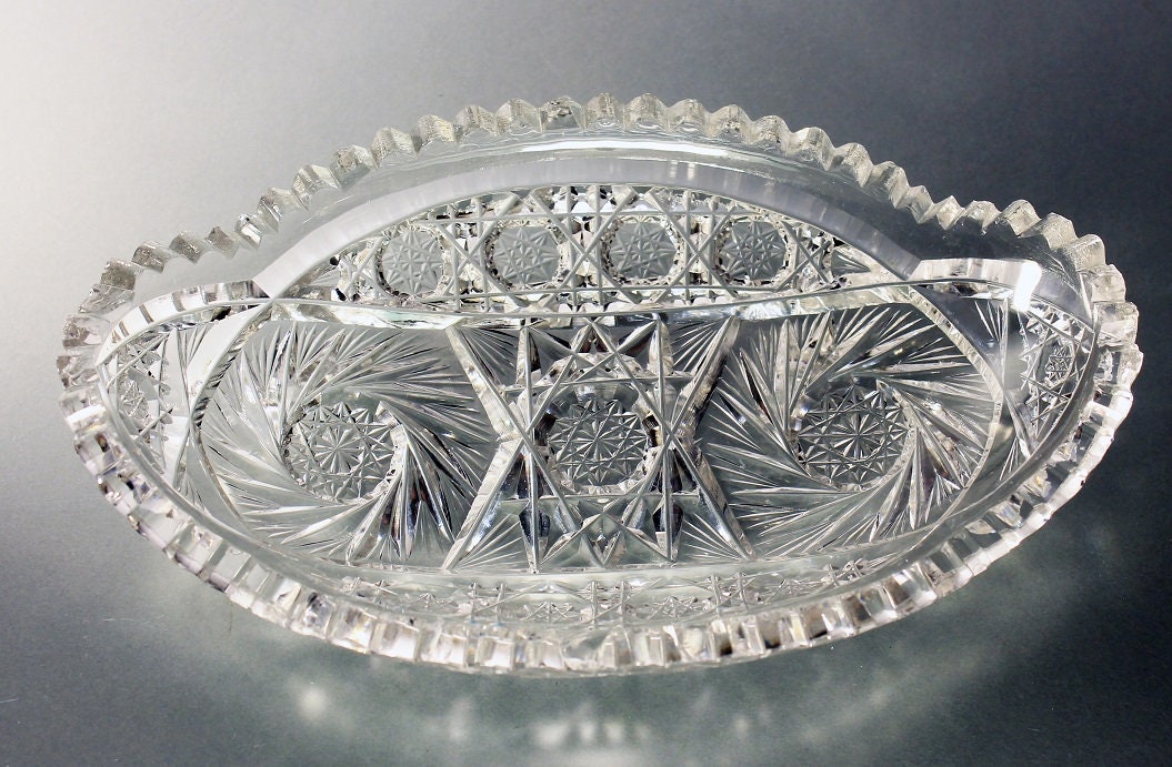 American Brilliant, Crystal Relish Dish, Antique, Oval, Cut Glass, Pickle Dish, Fan and Star ...