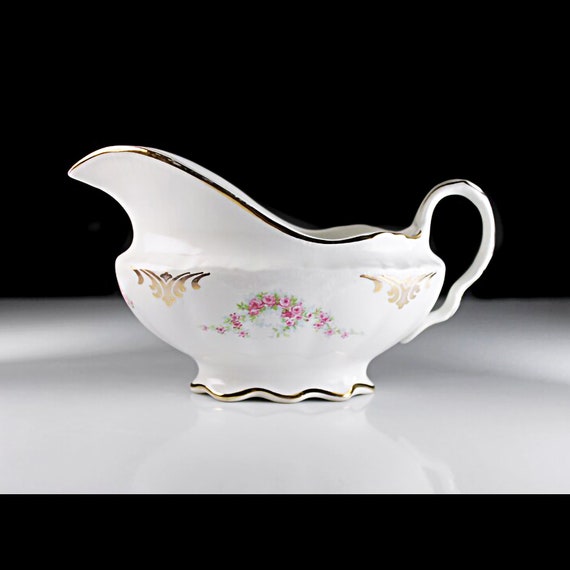 Antique Gravy Boat, K T & K, Knowles Taylor and Knowles, Semi-Vitreous Porcelain, Pink Rose Pattern, Serving Dish, Sauce Boat