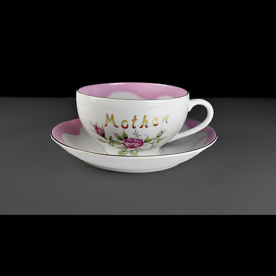 Lefton China Cup and Saucer - 'Mother' & 'Coffee' Design, Pink Rose Pattern, Collectible Tea Set