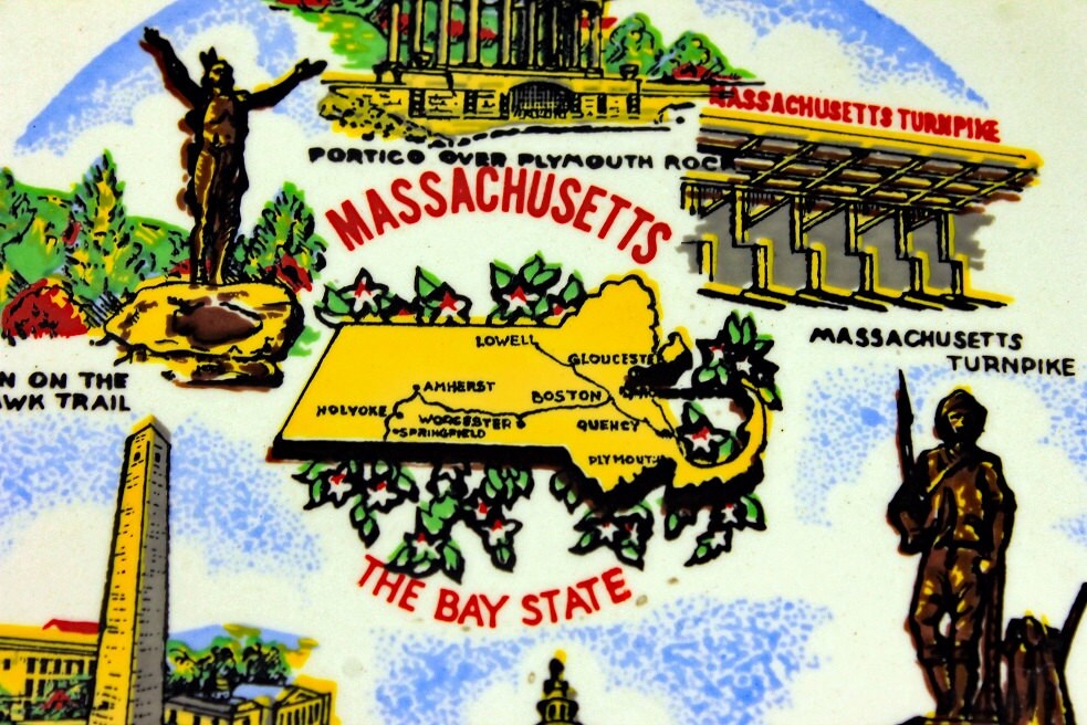 Massachusetts Souvenir Plate, Gold Filigree Border, Decorative Plate, Mid Century, Collectible