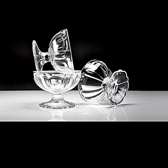 Mid-Century Paneled Dessert Dishes with Scalloped Foot, Sherbet Bowls, Set of 3