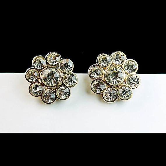 Monet Rhinestone Cluster Earrings, Clip On, Gold-Tone, Signed