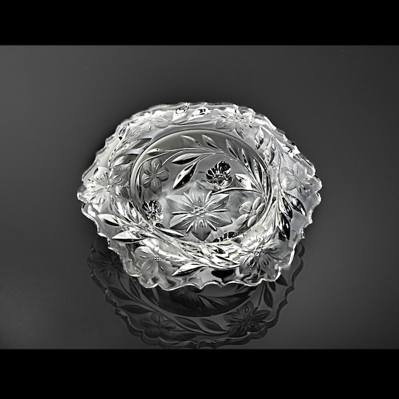 American Brilliant McKee Glass Three-Toed Bon Bon Bowl, Antique Glassware, Wheel Cut Floral Pattern