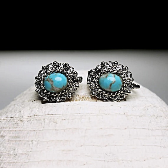 Turquoise Clip-On Earrings, Oval, Silver Tone, Costume Jewelry, Womans Gift, Faux Turquoise