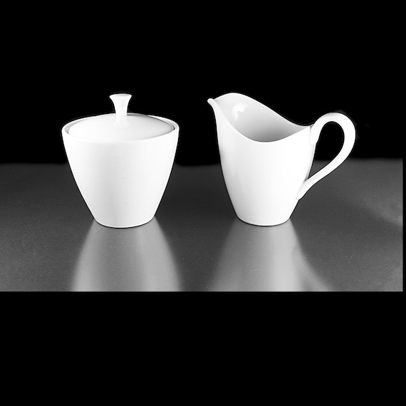 Mikasa Sophisticate Sugar Bowl with Lid and Creamer Set – White Fine China Made in Japan