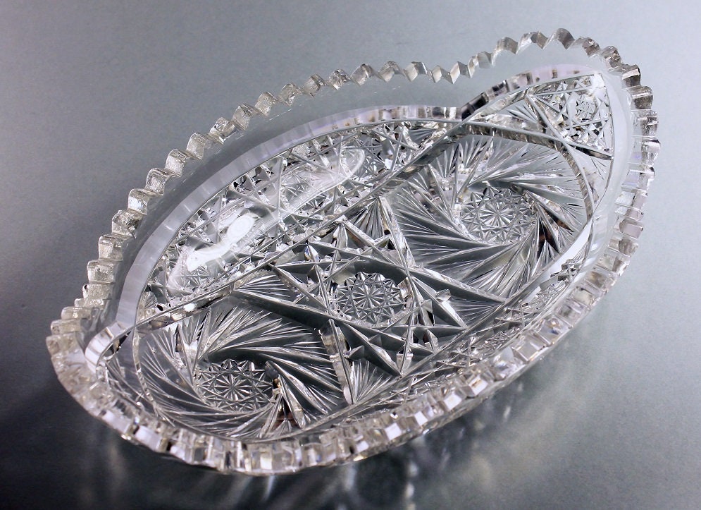 American Brilliant, Crystal Relish Dish, Antique, Oval, Cut Glass