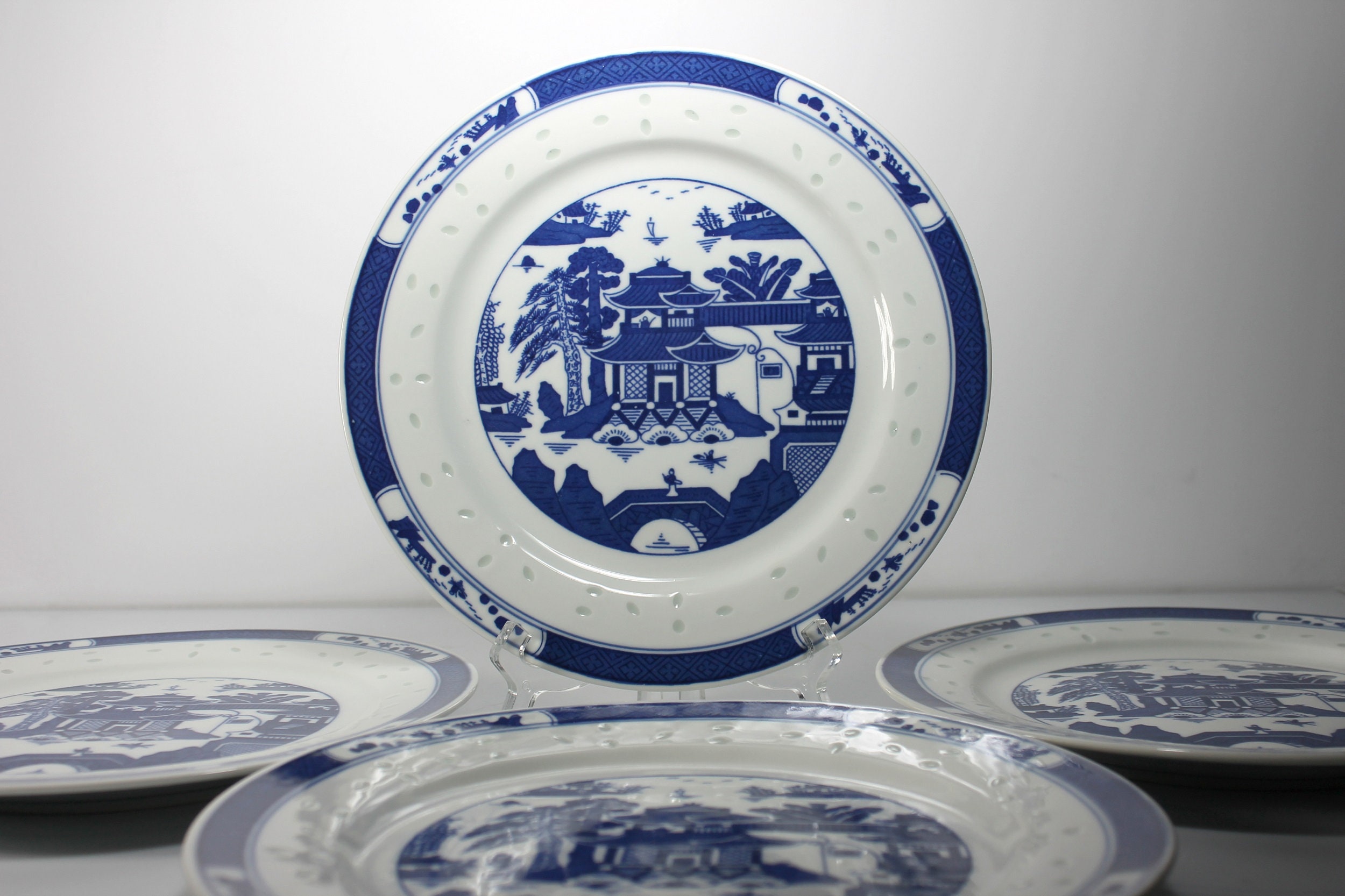 Dinner Plates, Jingdezhen Zhi, Pagoda Scene, Blue and White, Porcelain