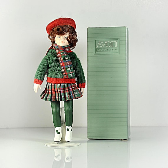 Avon Childhood Dreams Skating Party Porcelain Doll with Box and Stand