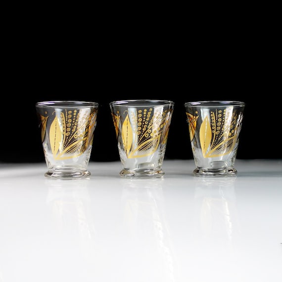Libbey Juice Glasses, Set of 3, Gold Floral, Cocktail Glasses, Barware