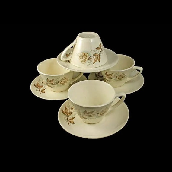 Mount Clemens Cups and Saucers, Brown Rose, Hard to Find Pattern, Floral Pattern, Set of 4, Tea Cups, Coffee Cups