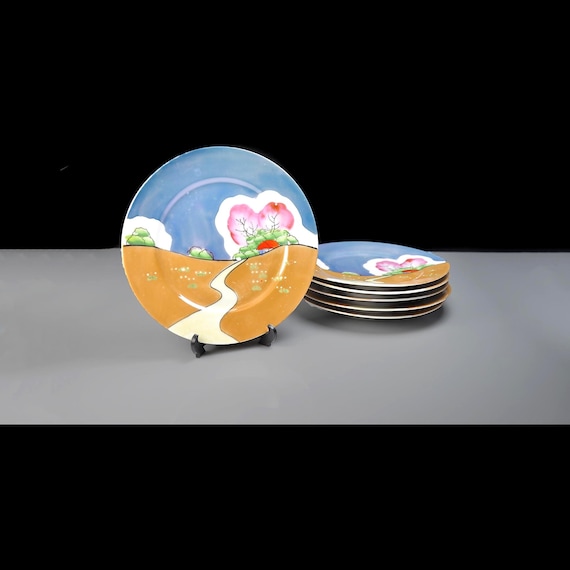 Hand Painted Lusterware Salad Plates, Set of 6, Made in Japan, Art Deco