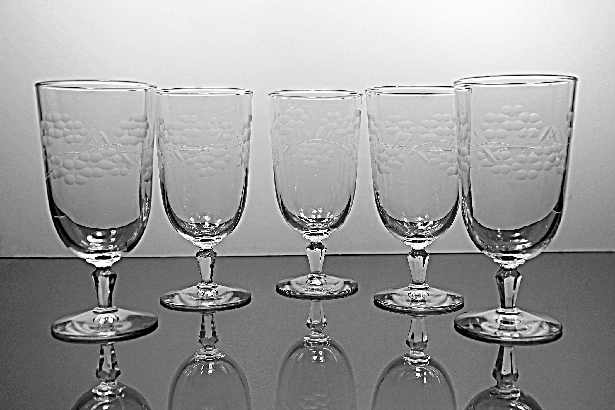 Libbey Etched Ice Tea Glasses, Glenmore, Grey Cut Floral Design, Set of