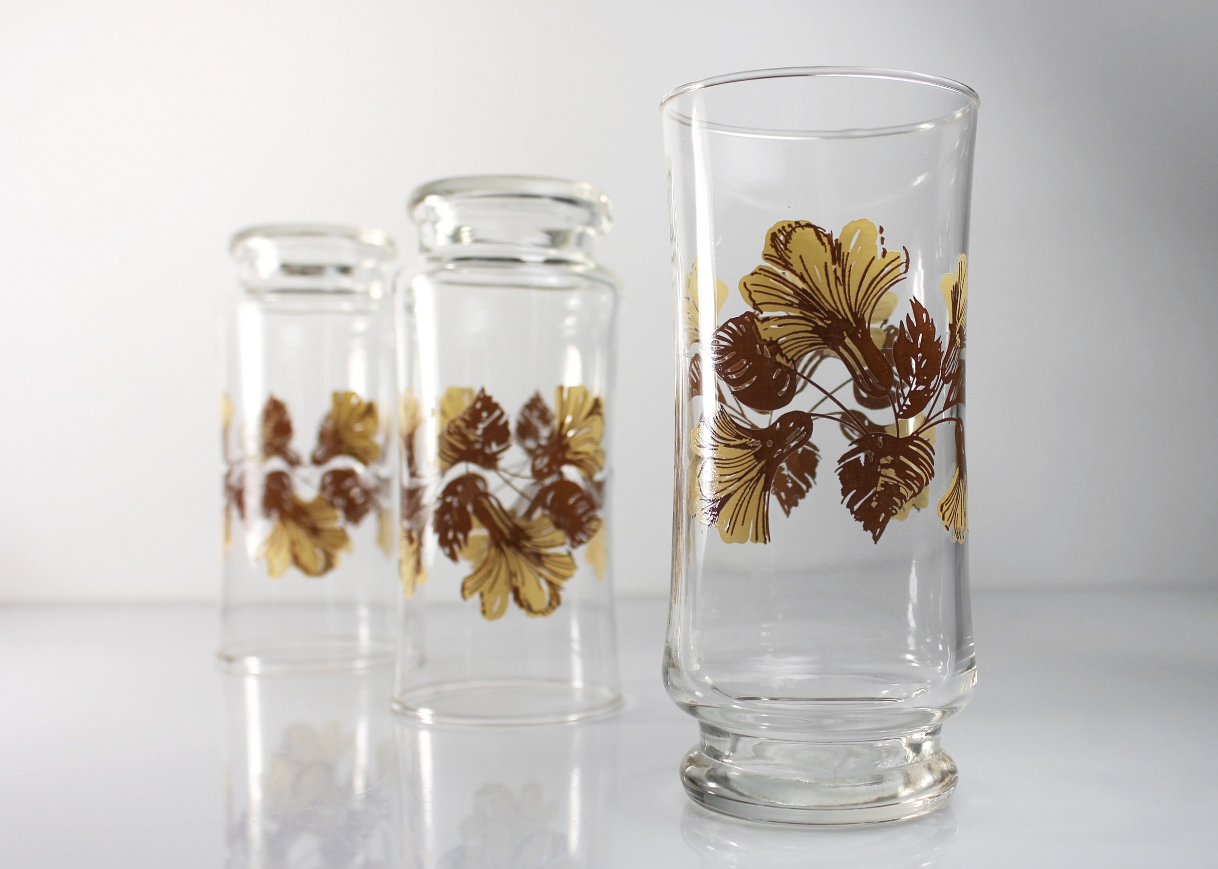 Floral Tumblers, Brown and Beige, Water Glasses, Set of 3, 12 Ounce
