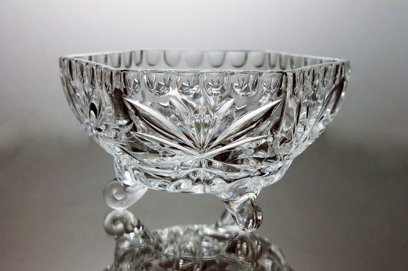 Scroll Footed Toed Clear Glass Bowl Dish Vintage Three 3