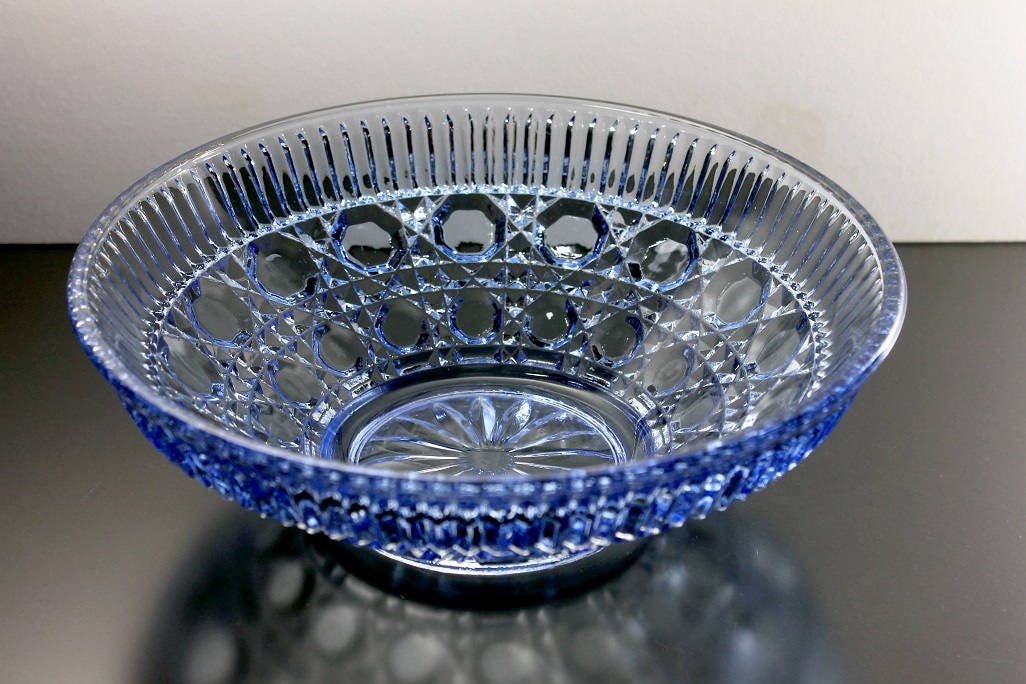Blue Serving Bowl, Federal Glass, Windsor Blue Pattern, Button and Cane