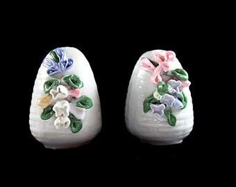 Salt and Pepper Shakers, Basketweave, Raised Flowers, Hand Painted, Porcelain