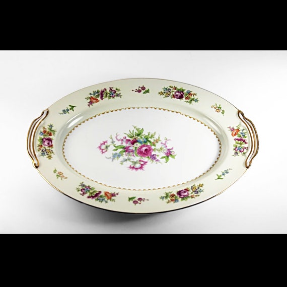 Noritake China Oval Platter, Empire, Occupied Japan, Floral Pattern, 12 Inch, Multi-floral, Gold Trim