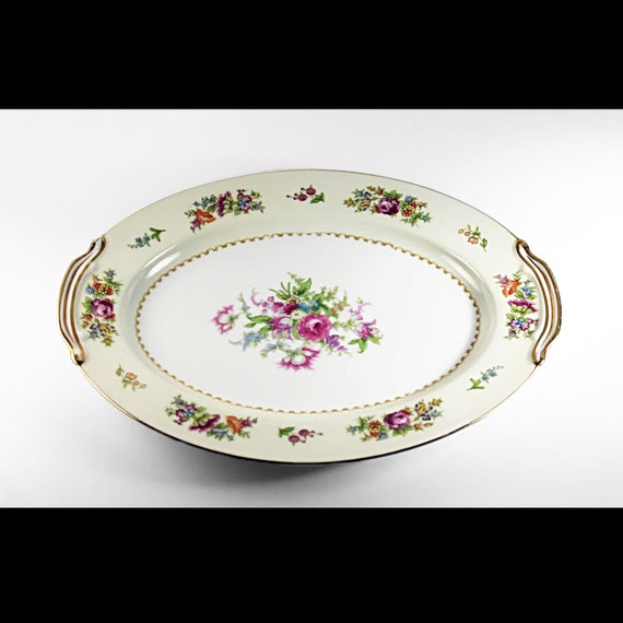 Noritake China Oval Platter, Empire, Occupied Japan, Floral Pattern, 12 Inch, Multi-floral, Gold Trim