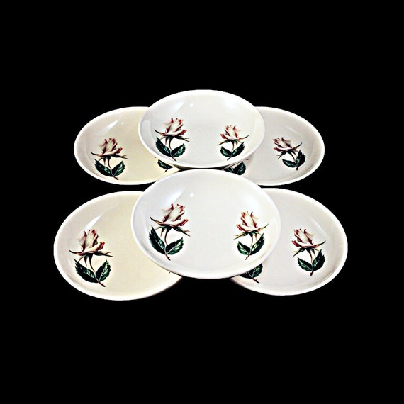 Fruit Bowls, Universal Pottery, Ballerina, White Rose Pattern, Made in USA, Porcelain, Set of 6, Dessert Bowls