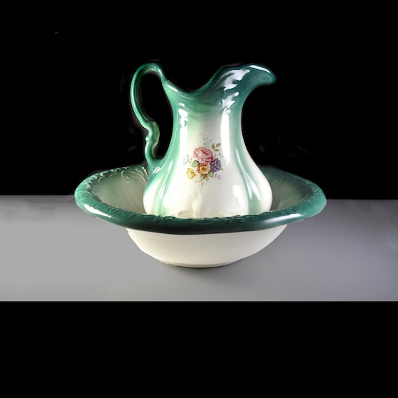 Vintage Wash Bowl and Pitcher Set, Mid Century Ceramic Bedroom Decor