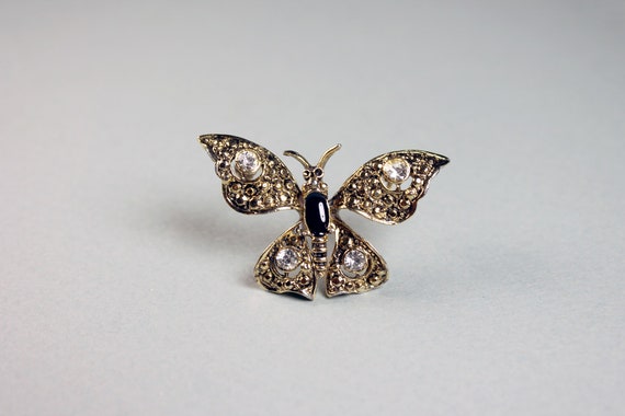 MountainAireVintage Butterfly Brooch, Gold Tone, Clear Rhinestone, Onyx Stone, Locking C Clasp, Fashion Pin, Costume Jewelry, Collectible, Small Pin