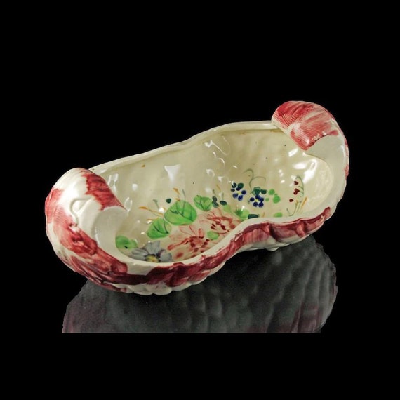 Japanese Porcelain Bowl, Boat Shaped, Hand Painted, Floral, Red and Cream