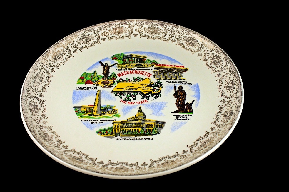 Massachusetts Souvenir Plate, Gold Filigree Border, Decorative Plate, Mid Century, Collectible