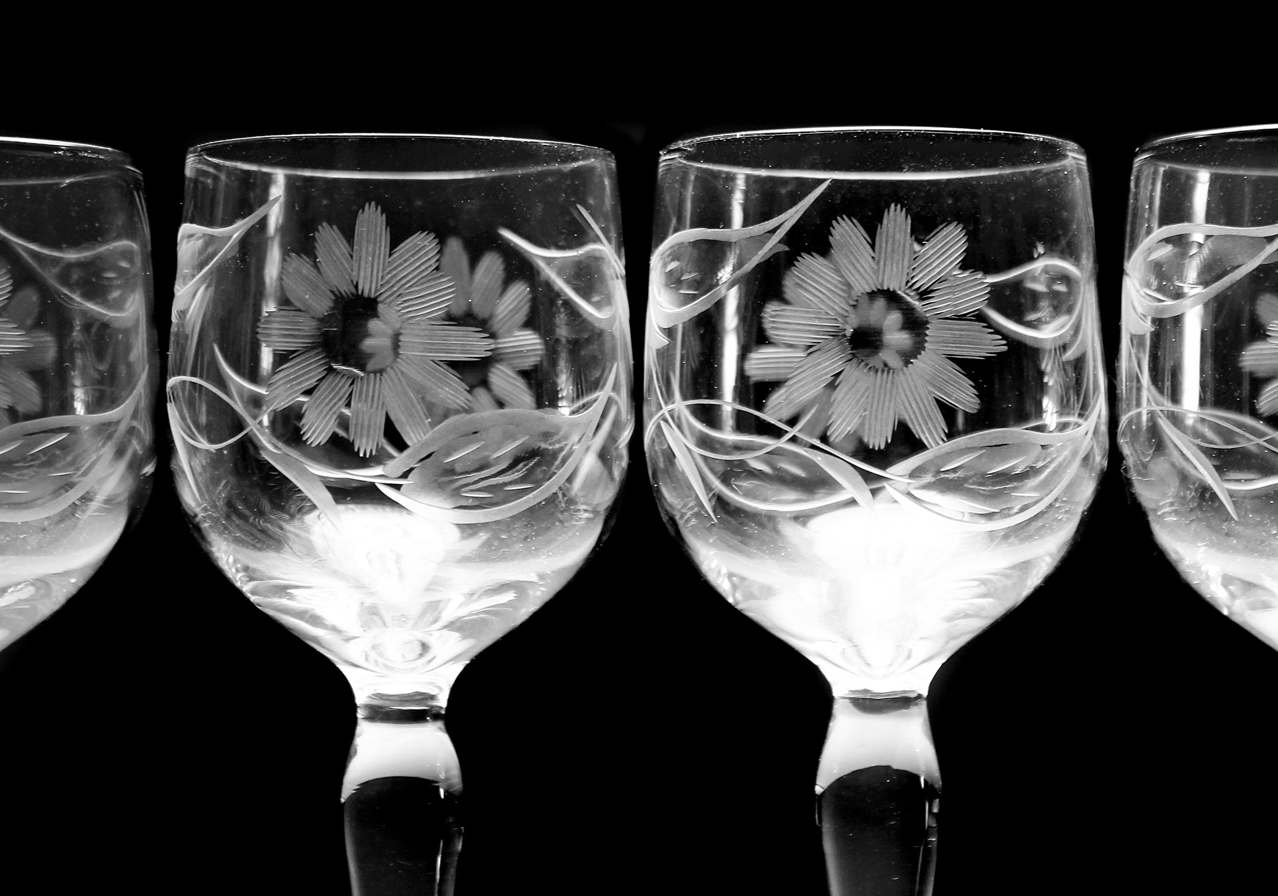 Etched Crystal Cordial Glasses, Gastonbury Lotus, Flower and Leaf