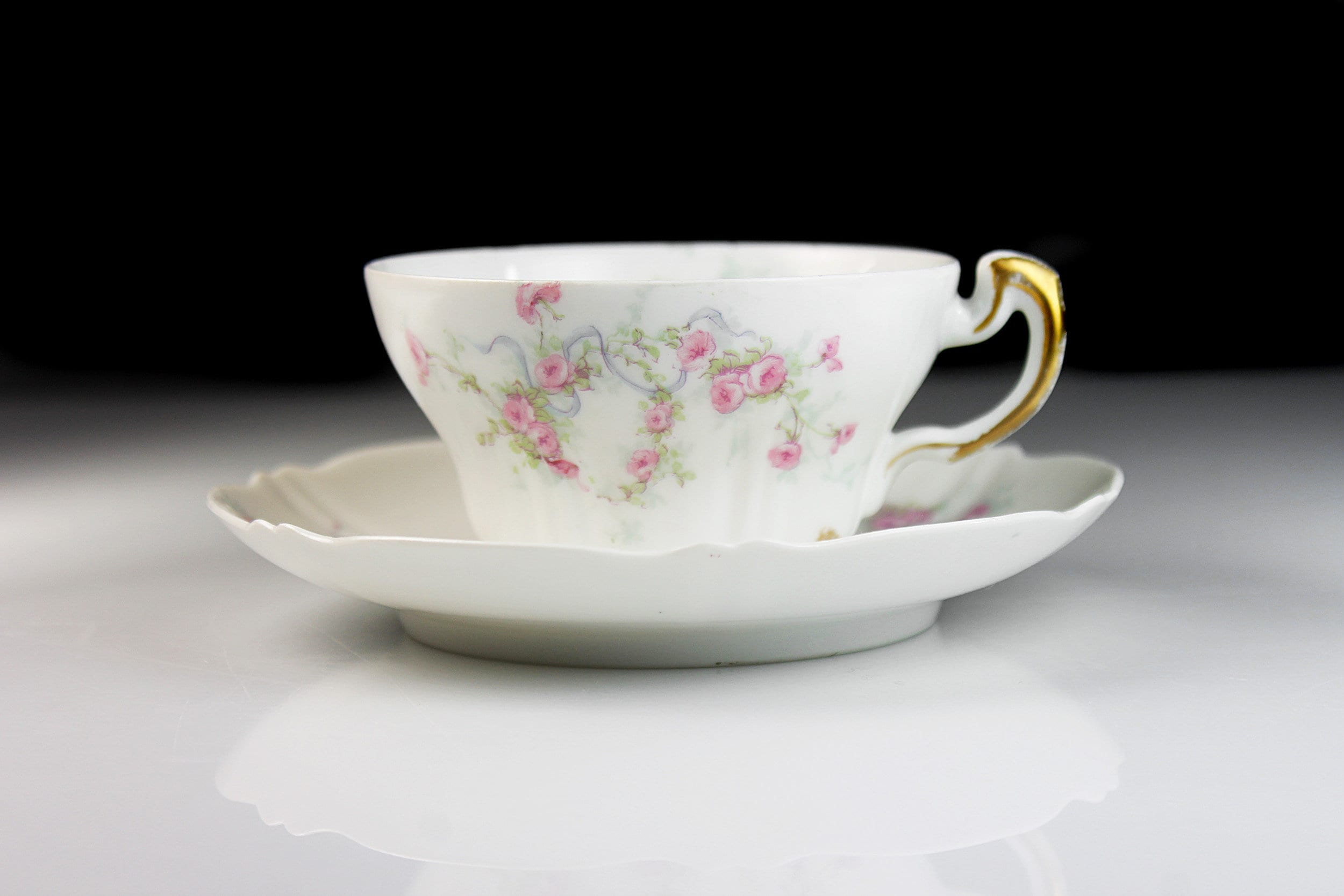 Antique Cup and Saucer, Theodore Haviland, Limoges, France, Gold Trimmed, Pink Floral with Blue