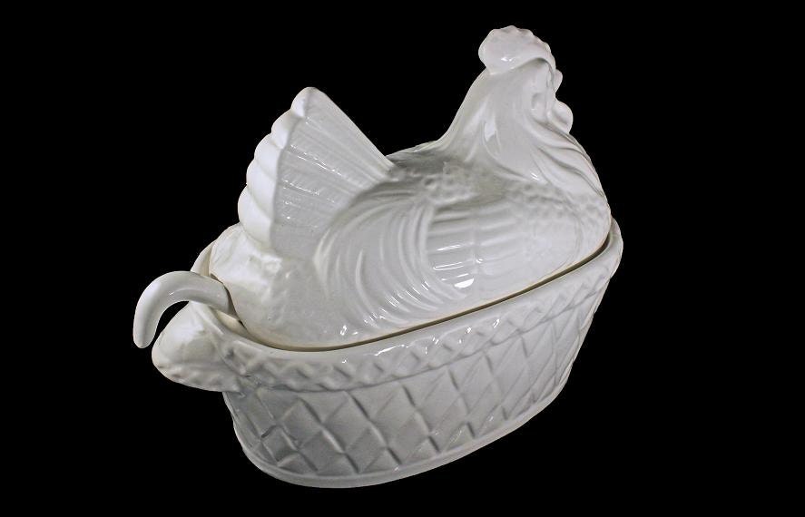 Soup Tureen With Ladle, Hen on Basket, Kitchen Gourmet Himark, Made In Japan, Ceramic, White