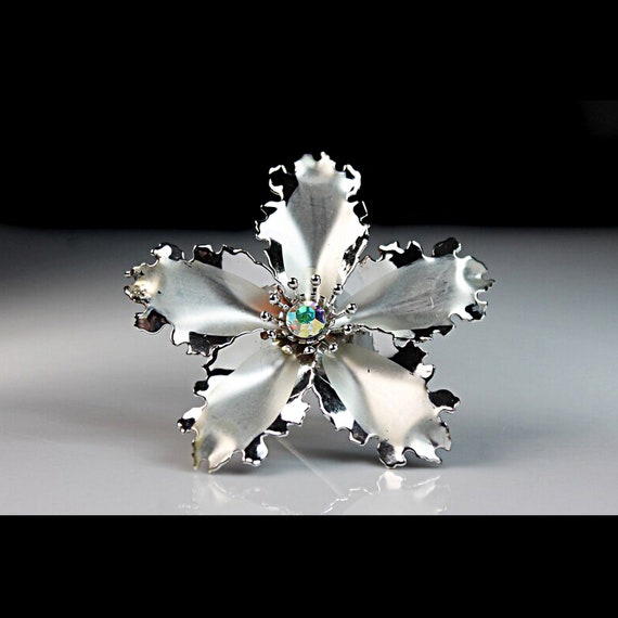 Aurora Borealis Rhinestone Brooch, Bugbee and Niles, Large Flower, Satin Silver Tone