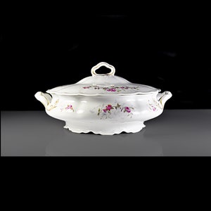 Antique Covered Vegetable Bowl, Onondaga Pottery Company, Syracuse China, White with Pink Roses & Gold Trim