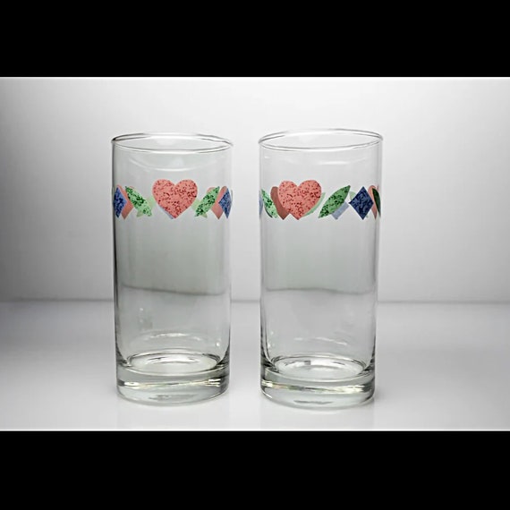 Corning Corelle Quilt Tumblers, Pink Heart Blue Diamond, Drinking Glasses, Set of 2, 16 Ounce