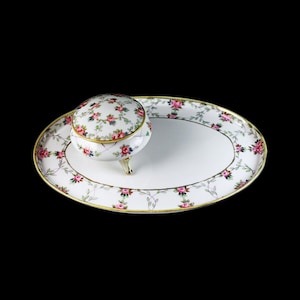 Antique Nippon Vanity Set, Morimura Brothers, Vanity Tray and Powder Box, Porcelain, Gold Gilt, Hand Painted