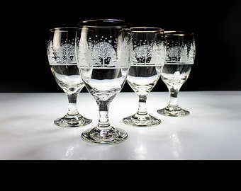 Water Goblets, Libbey Glass, Winter Wonderland, Wine Glasses, Set of 4, Barware, 12 Ounce