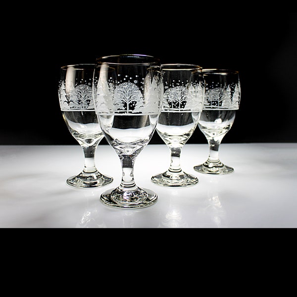 Water Goblets, Libbey Glass, Winter Wonderland, Wine Glasses, Set of 4, Barware, 12 Ounce