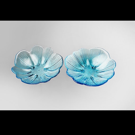 Blue Flower Fruit Bowls, Textured, Set of 2, Pressed Glass, Dessert Bowls