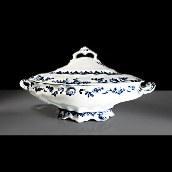 Antique Covered Vegetable Bowl, J & G Meakin, Acantha, Rare 1890s Fine China, Blue and White, Floral and Shell Pattern, Collectible