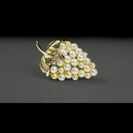 Grape Cluster Brooch with Faux Pearls - Gold-Tone Leaves - Statement Pin