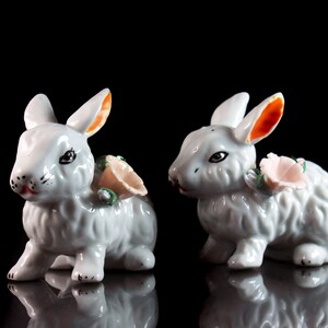 Rabbit Figurines, Bunny Figurines, Set of Two, Hand Painted, Raised Flower, White, Figurine ...