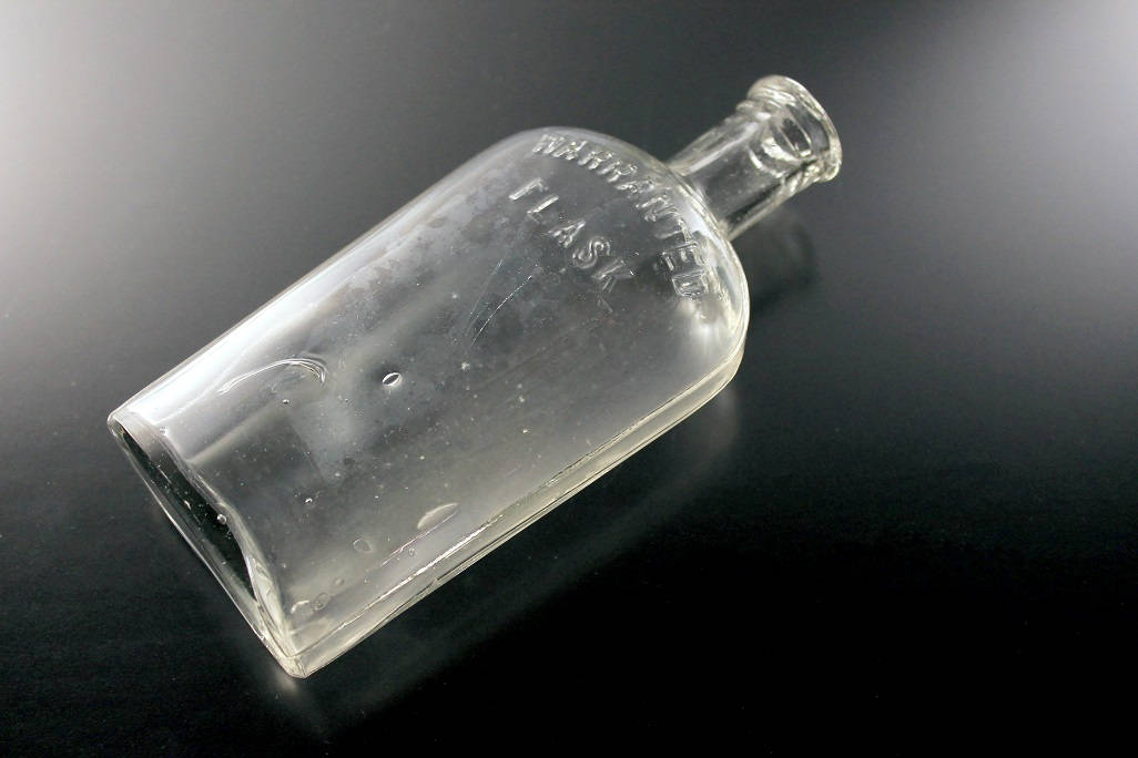 Antique Bottle, Warranted Flask, Whiskey Flask, Clear Glass, Cork