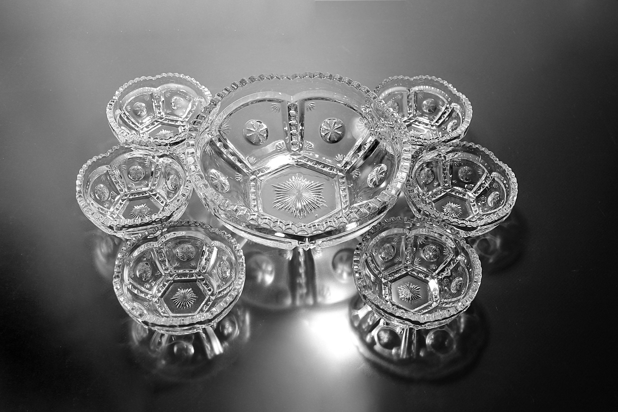Antique EAPG Berry Bowl Set, Tarentum, Peerless, Frost Crystal, 7 Piece