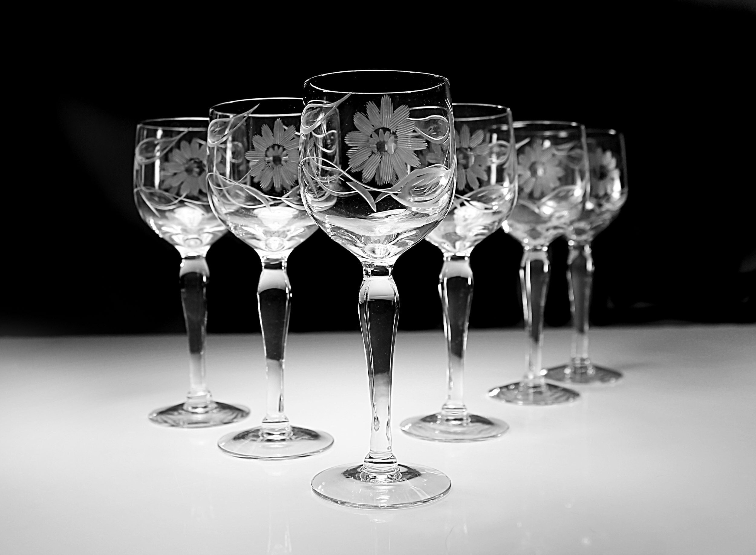 Etched Crystal Cordial Glasses, Gastonbury Lotus, Flower and Leaf