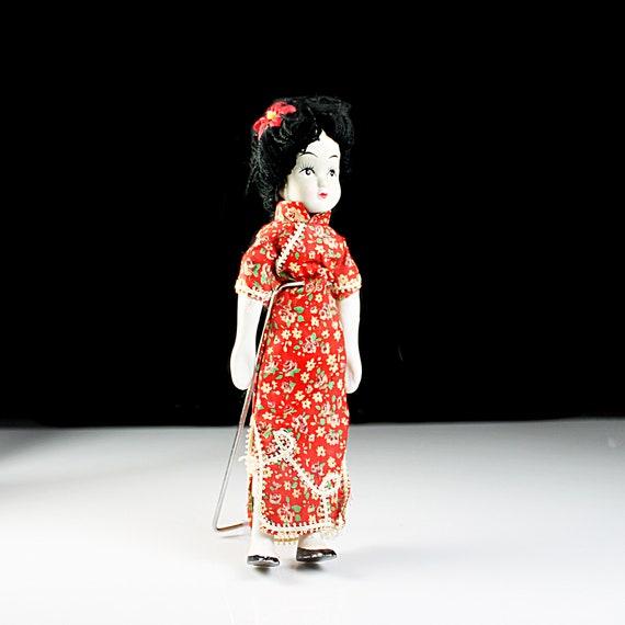 Porcelain Asian Display Doll, Hand Painted, 9 Inch Doll, Woven Body, Doll Stand Included