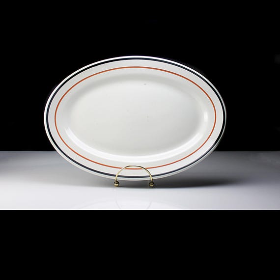 Jackson China Platter – 1923–1946 Restaurant Grade- Orange & Black Stripe – 12 Inch Oval Serving Dish – Vitrified China Made in USA