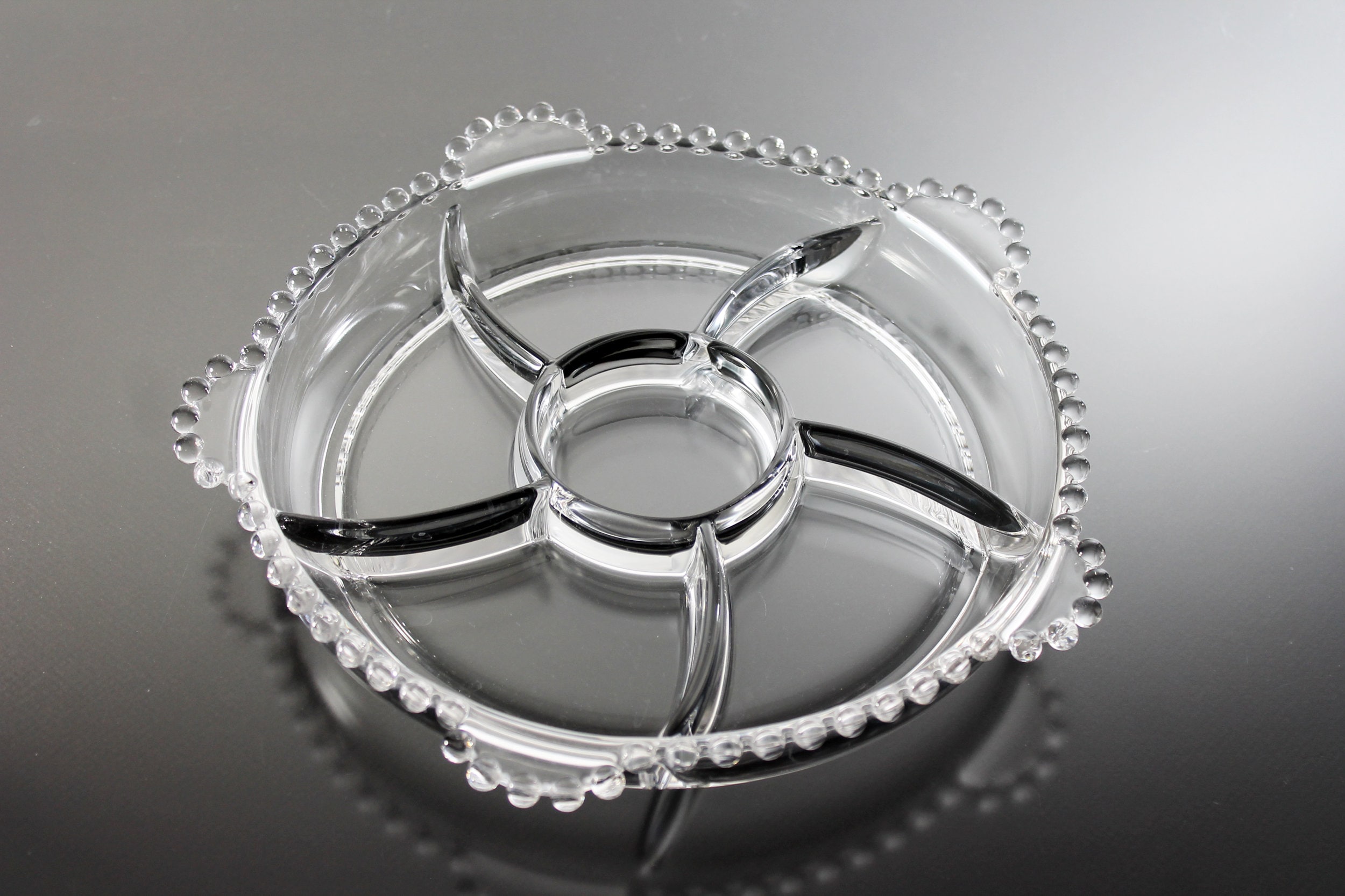 Candlewick Six Part Relish Dish, Imperial Glass, Beaded Clear Glass, 10