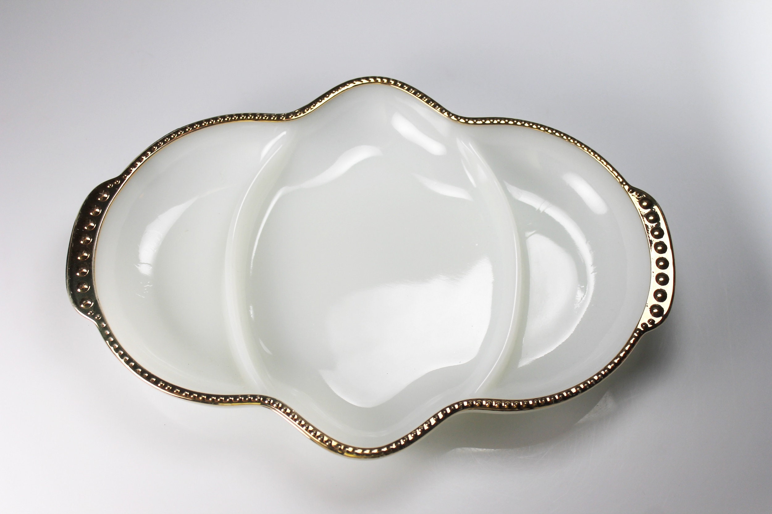Fire King White Milk Glass with Gold Trim Divided Dish Serving Plate Made in USA